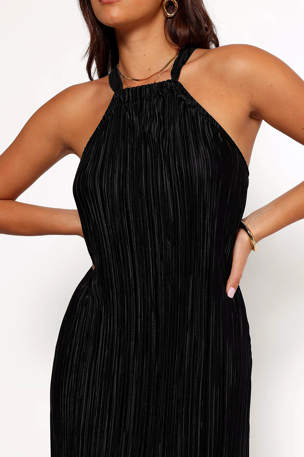 Black plisse halter maxi dress seen from the front
