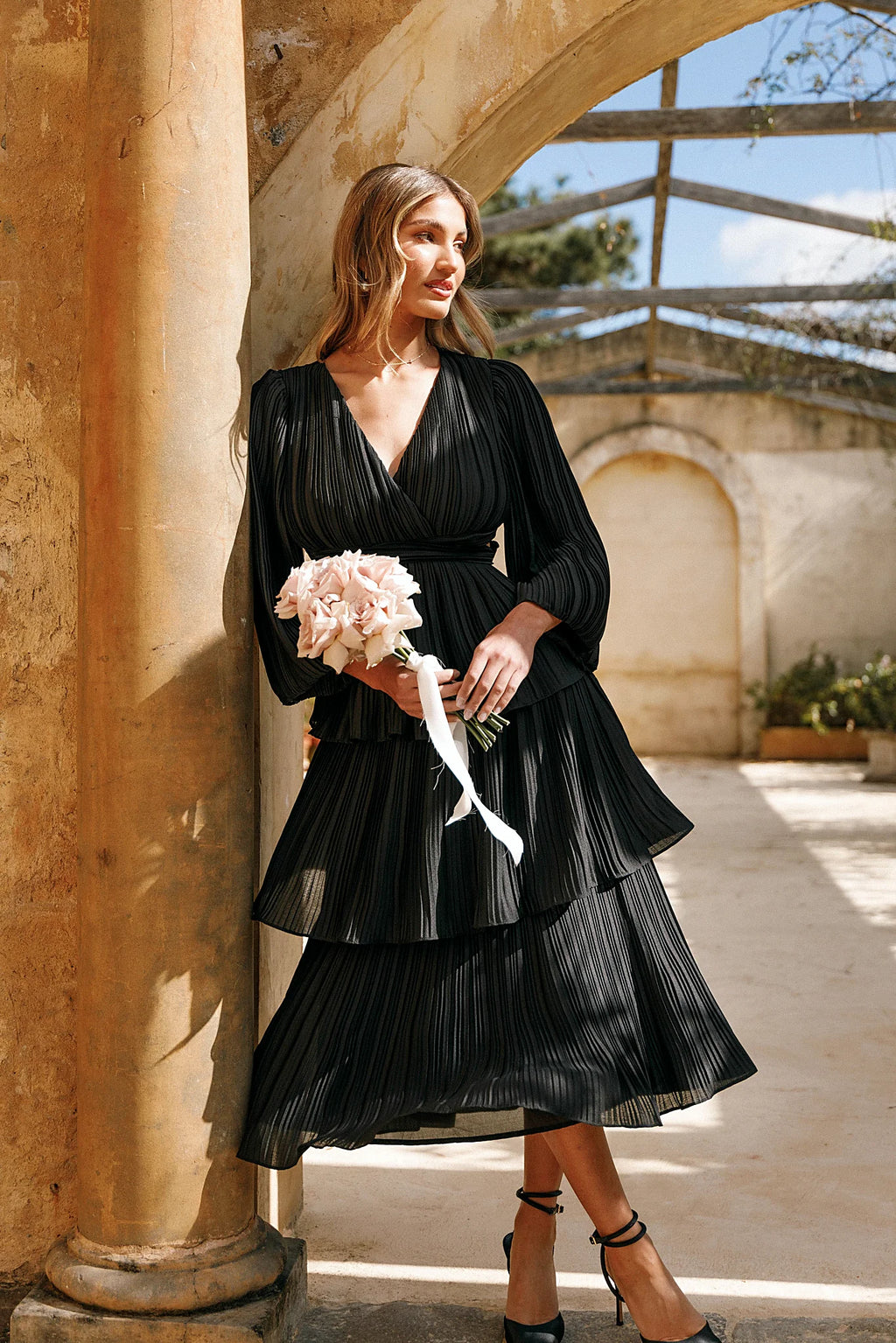 Black long sleeve midi dress with tiered frill skirt
