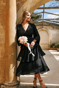 Black long sleeve midi dress with tiered frill skirt