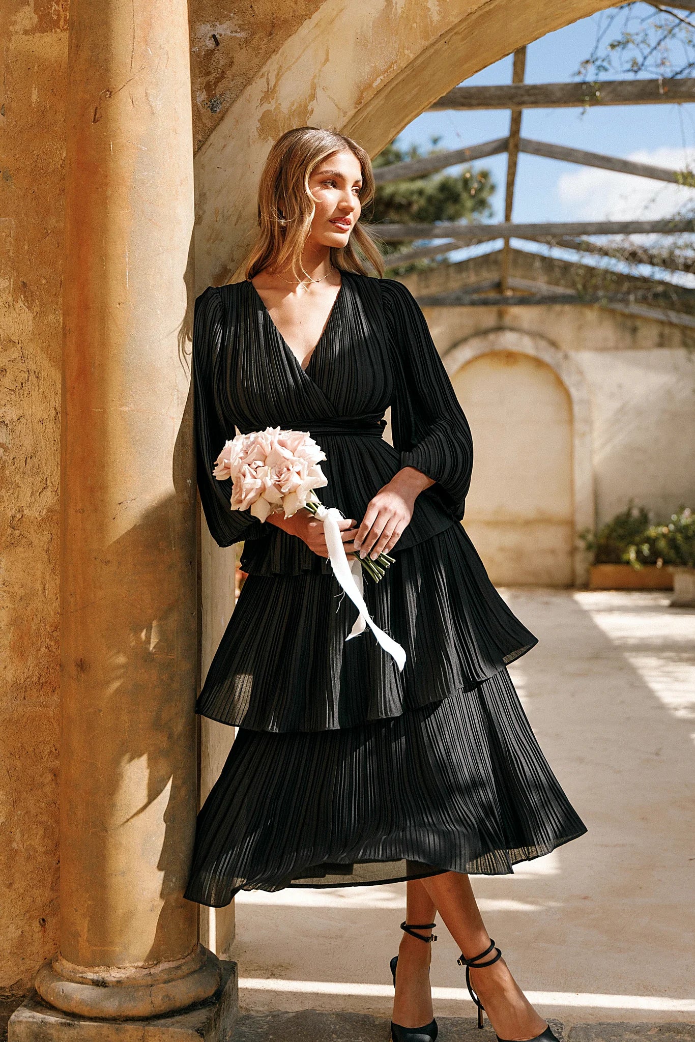 Black long sleeve midi dress with tiered frill skirt