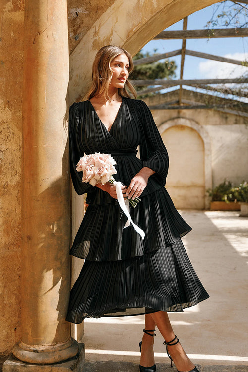 Black long sleeve midi dress with tiered frill skirt