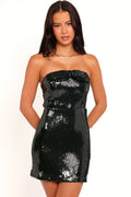 Green sequin strapless mini dress, front view