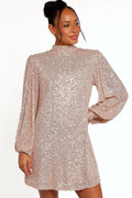 Gold sequin shift mini dress photographed from the front