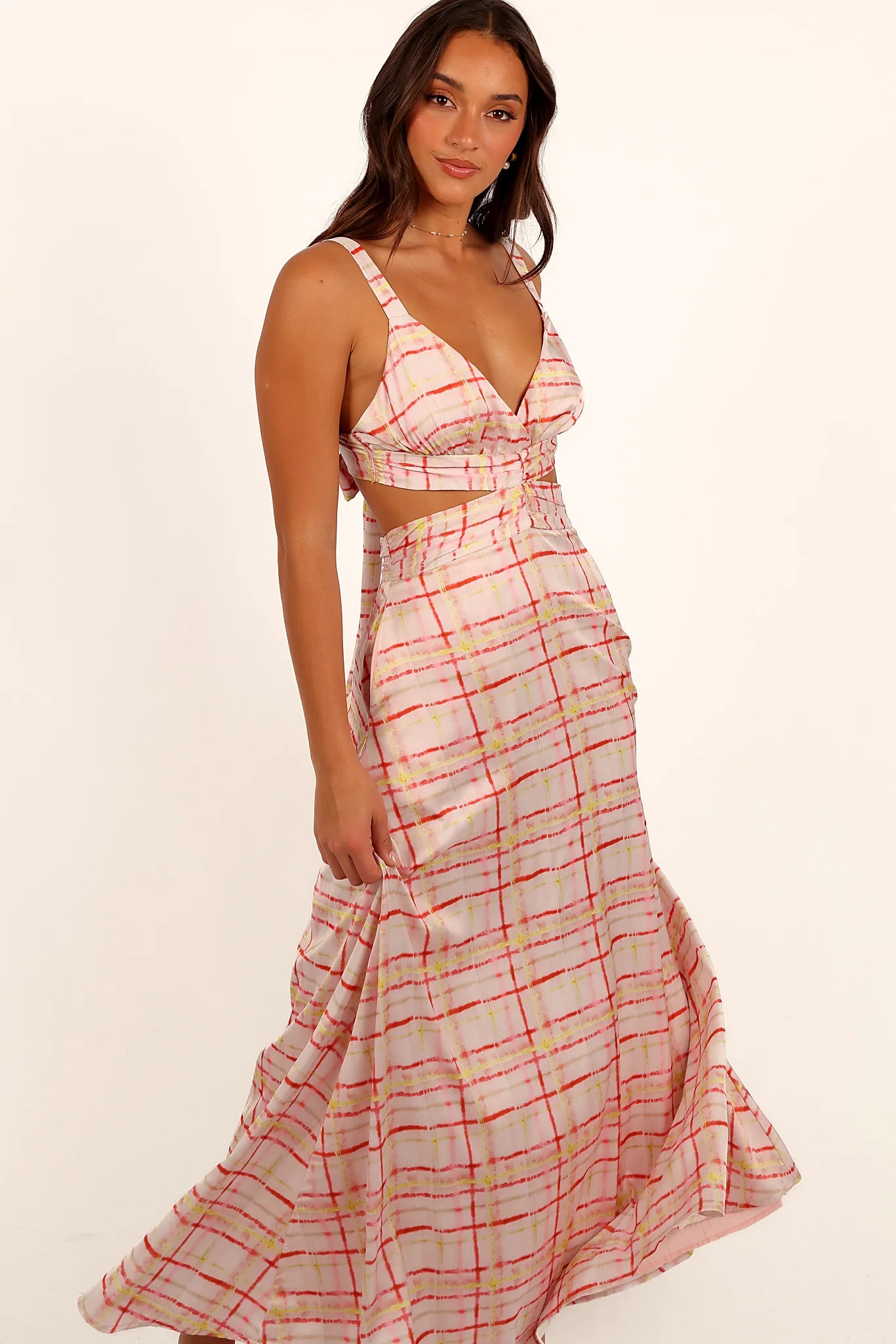 Open back with tie close on the sunset check maxi