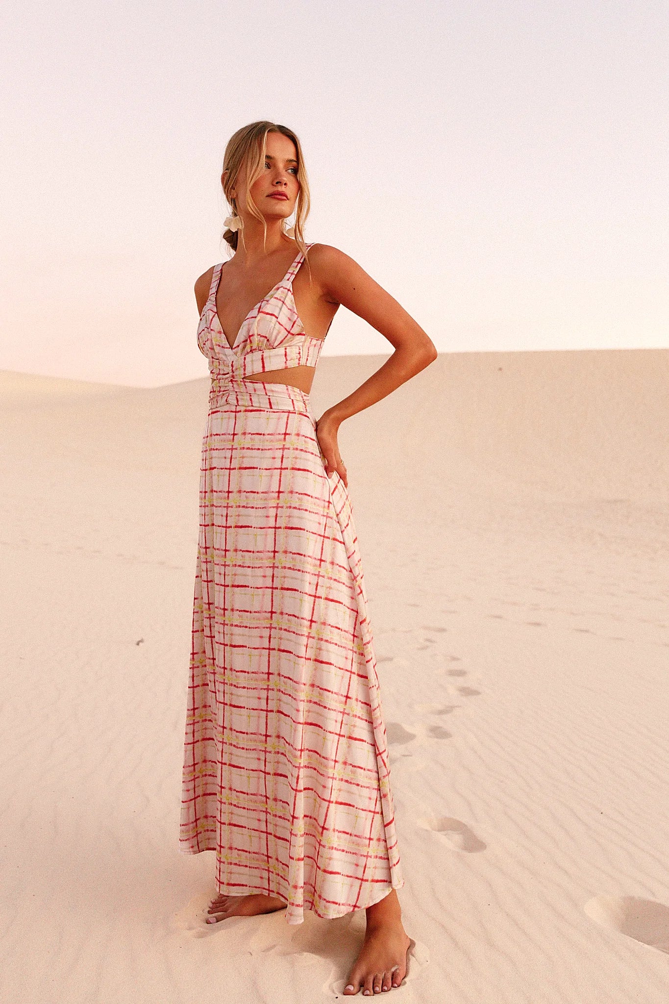 Sunset check print maxi dress viewed from the front