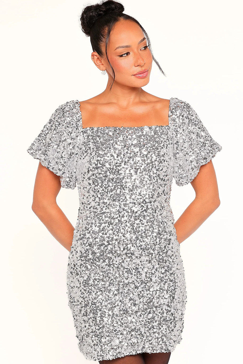 Silver sequin off shoulder mini dress, front view