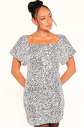 Silver sequin off shoulder mini dress, front view