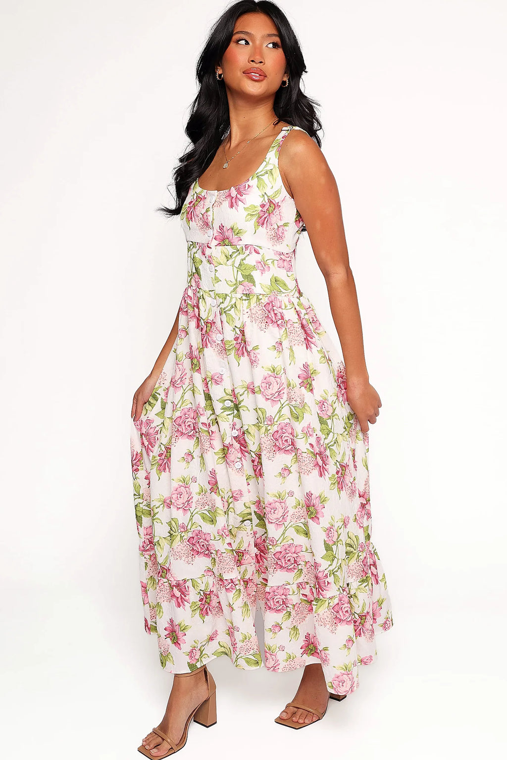 Pink floral button front maxi dress, front view