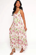 Pink floral button front maxi dress, front view