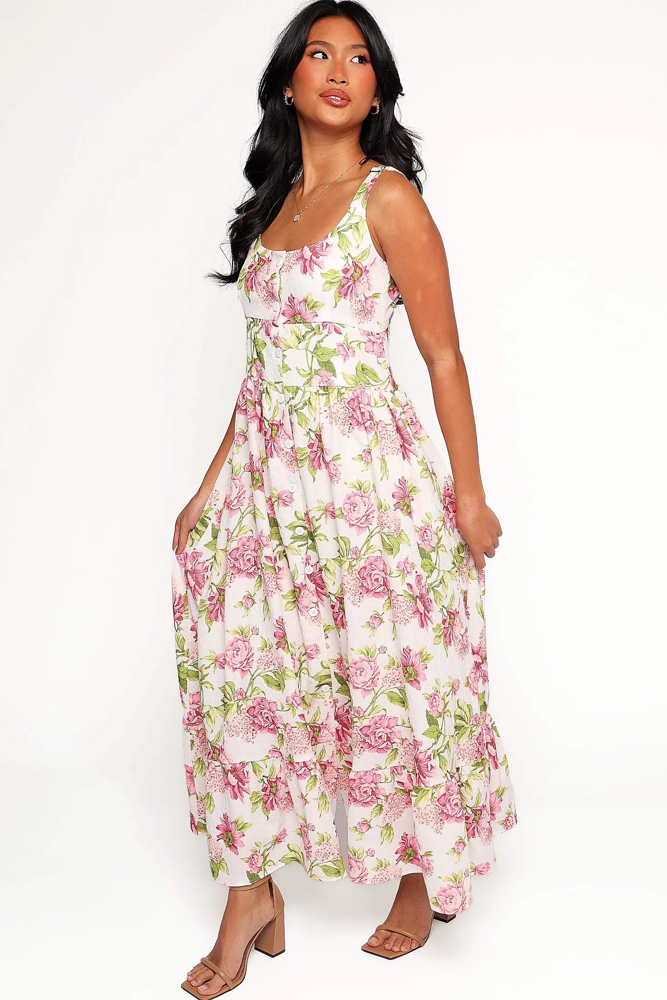 Pink floral button front maxi dress, front view