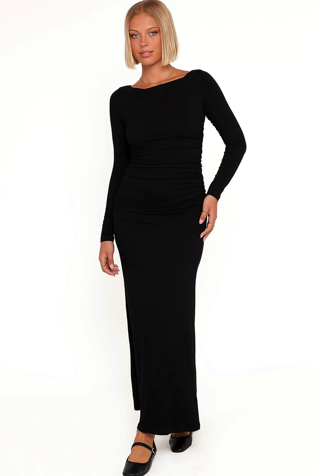 Boat neckline running shoulder to shoulder
