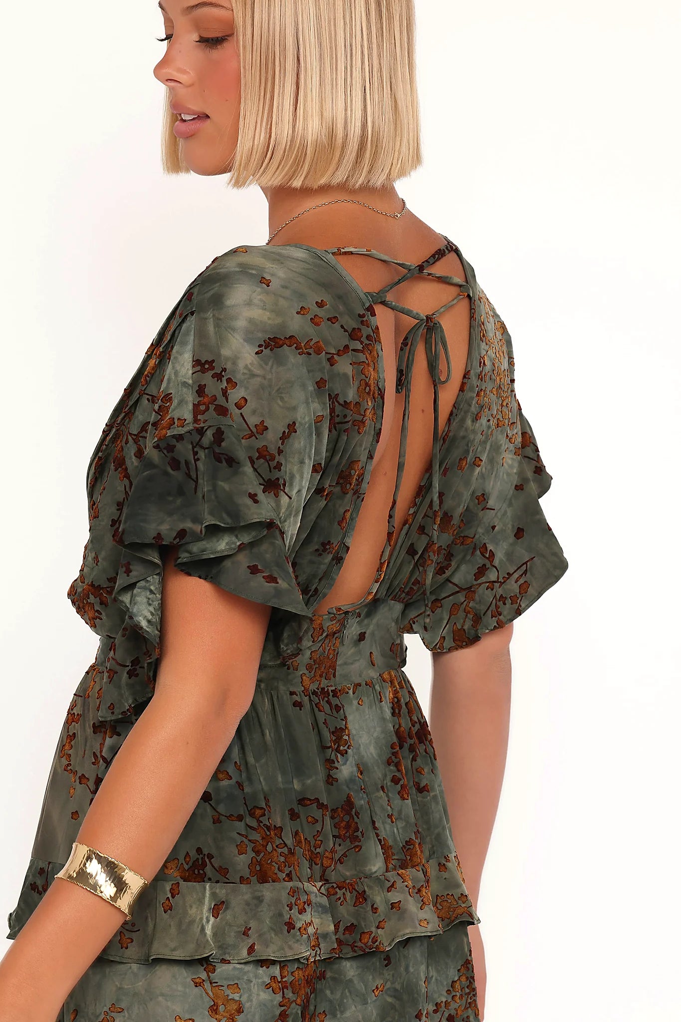 Jade and brown tiered velvet maxi dress, front view