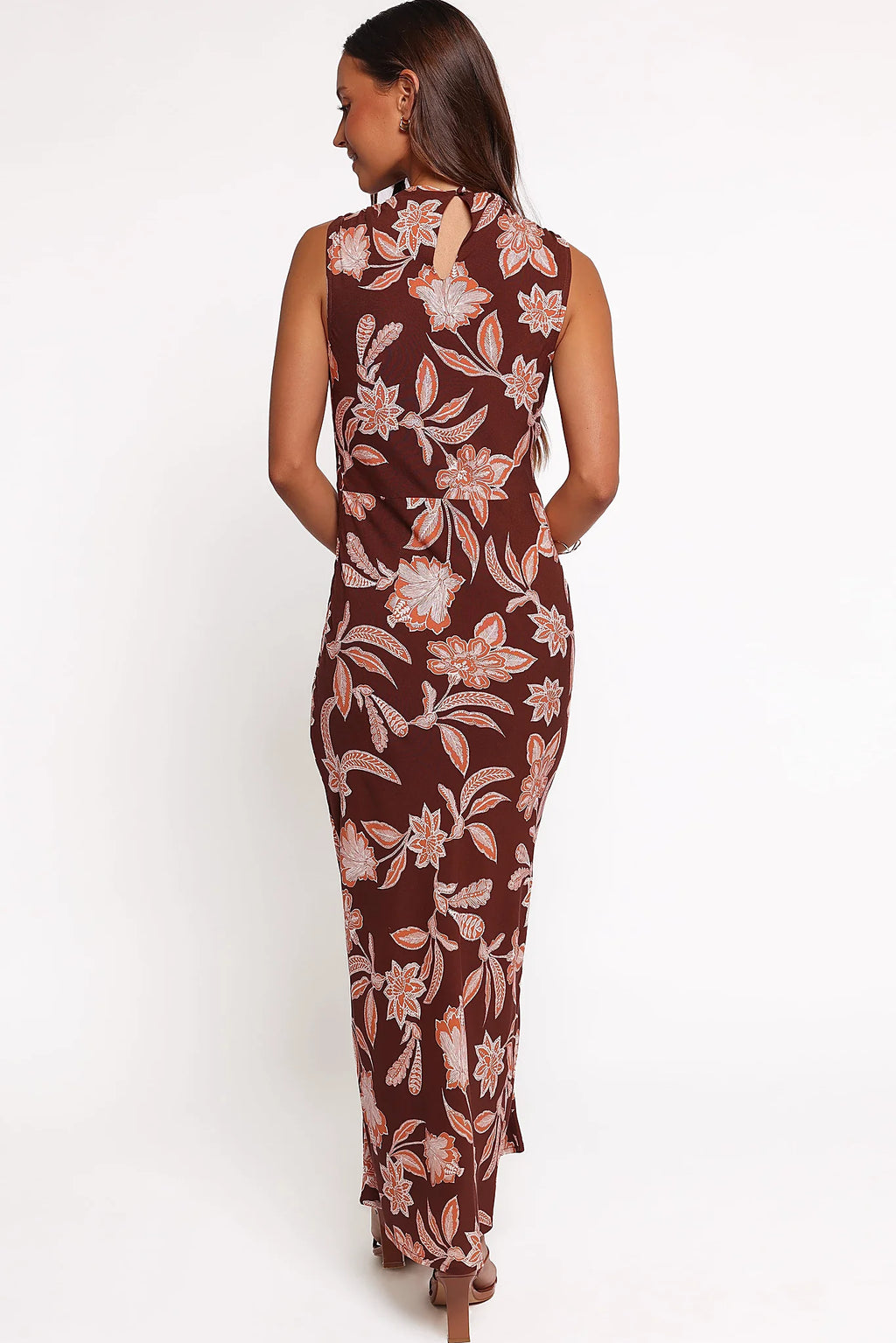 Orange floral print draping in rayon at midi length