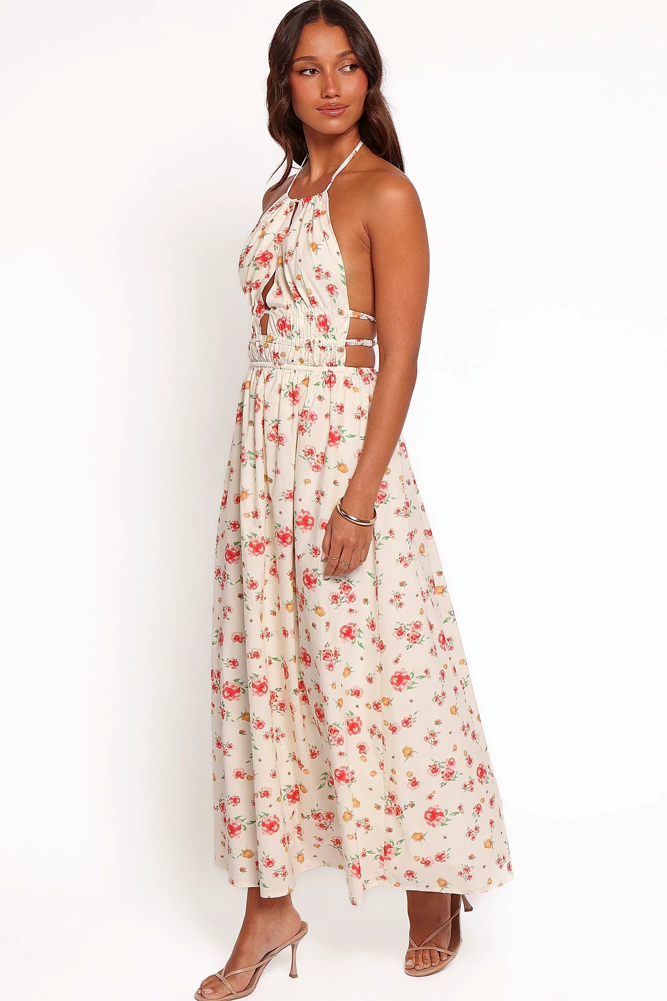 Ruched bodice on the pink floral maxi dress