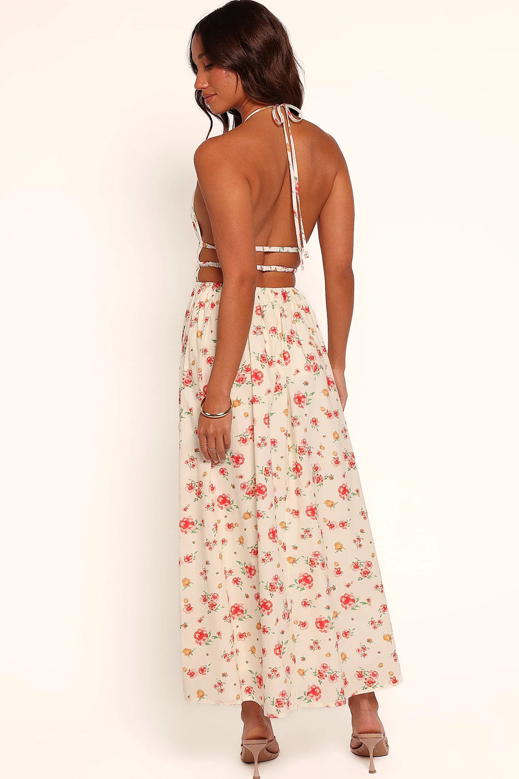 Cut out detail on the side of the floral maxi