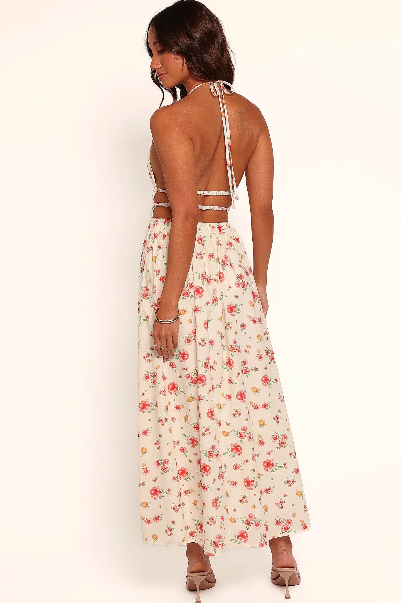 Cut out detail on the side of the floral maxi