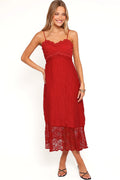 Red sweetheart maxi dress photographed from the front